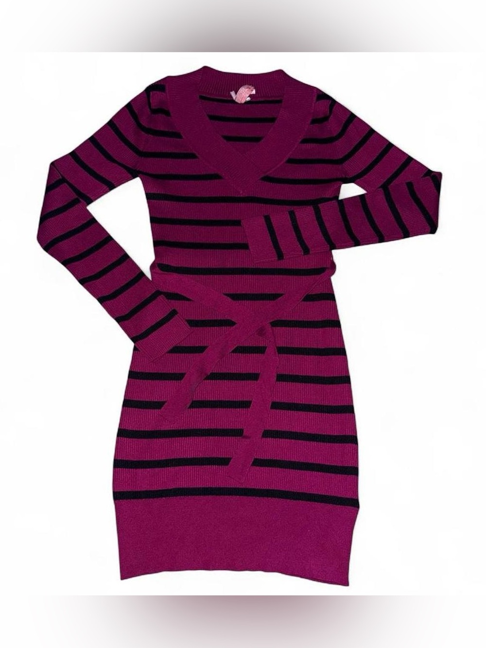 Striped V-Neck Long Sleeve Dress in Magenta and Black